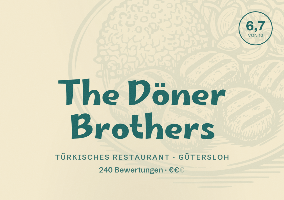Illustriertes Poster von The Döner Brothers, Türkisches Restaurant in Gütersloh: Gästebewertung 6,7 von 10 aus 240 Bewertungen