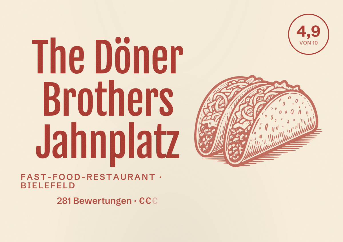 Illustriertes Poster von The Döner Brothers Jahnplatz, Fast-Food-Restaurant in Bielefeld: Bewertung 4,9 von 10 aus 281 Bewertungen, Preisniveau €€