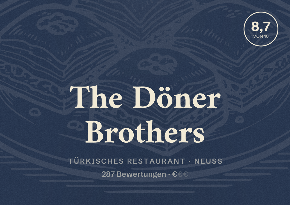 Illustriertes Poster von The Döner Brothers, Türkisches Restaurant in Neuss: Bewertung 8,7 von 10 aus 287 Bewertungen, Preisniveau €