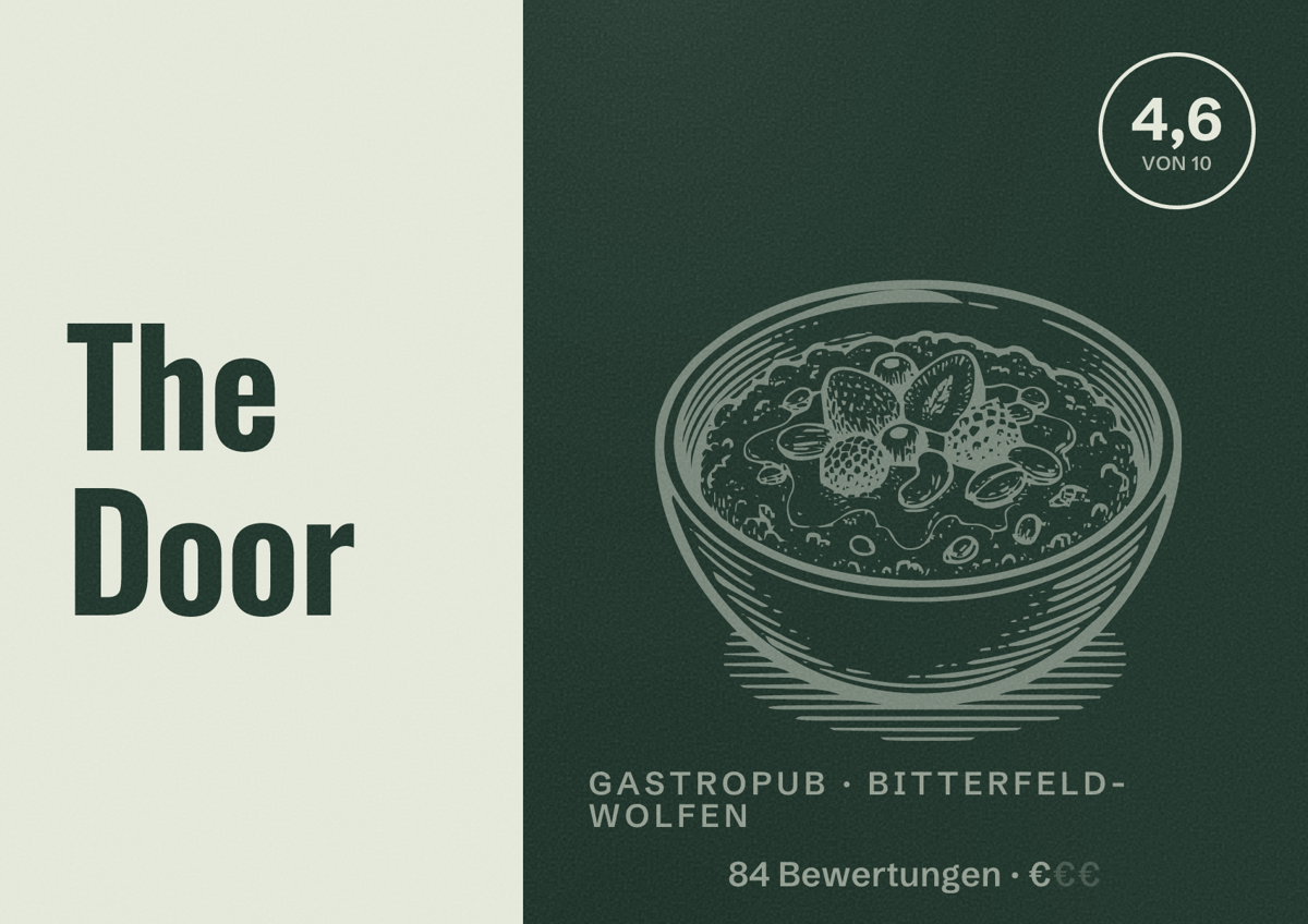 Illustriertes Poster von The Door, Gastropub in Bitterfeld-Wolfen: Bewertung 4,6 von 10 aus 84 Bewertungen, Preisniveau €
