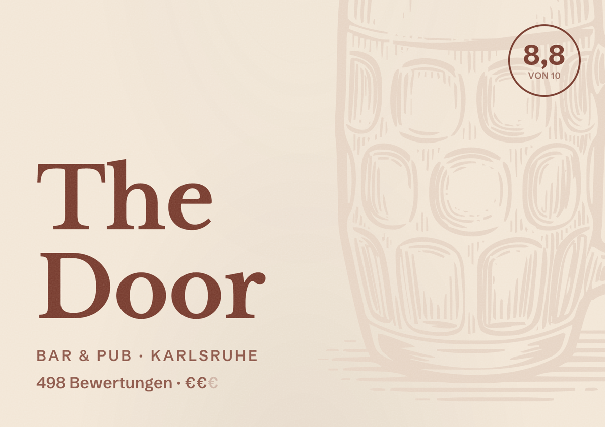 Illustriertes Poster von The Door, Bar & Pub in Karlsruhe: Gästebewertung 8,8 von 10 aus 498 Bewertungen