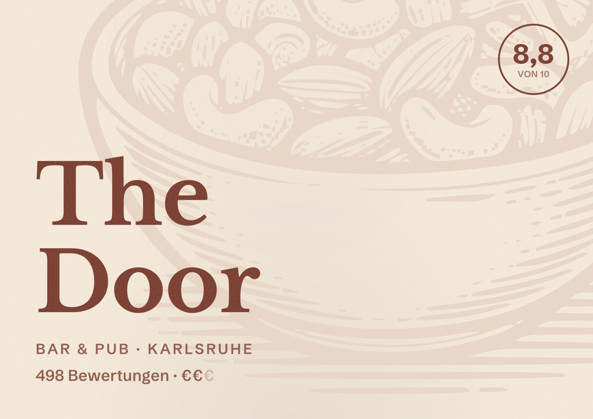 Illustriertes Poster von The Door, Bar & Pub in Karlsruhe: Bewertung 8,8 von 10 aus 498 Bewertungen, Preisniveau €€