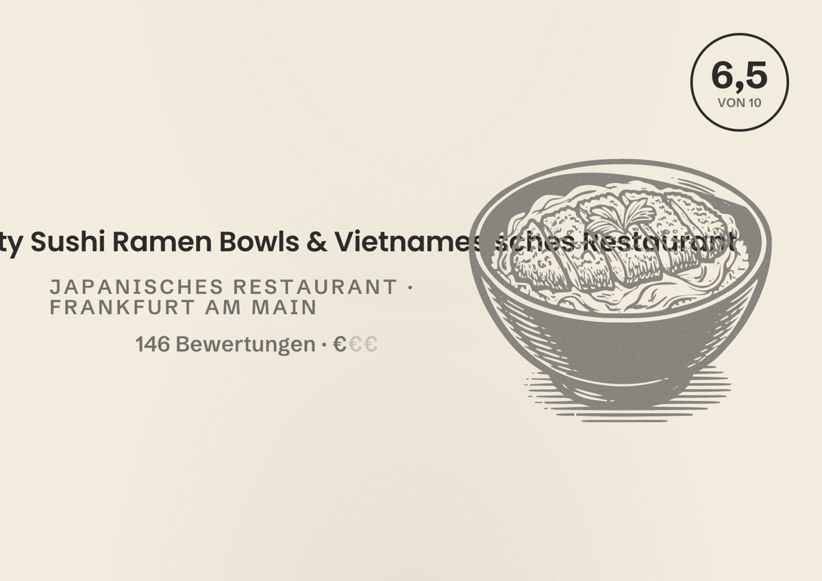 Illustriertes Poster von The Dragon‘s City Sushi Ramen Bowls & Vietnamesisches Restaurant, Japanisches Restaurant in Frankfurt am Main: Bewertung 6,5 von 10 aus 146 Bewertungen, Preisniveau €