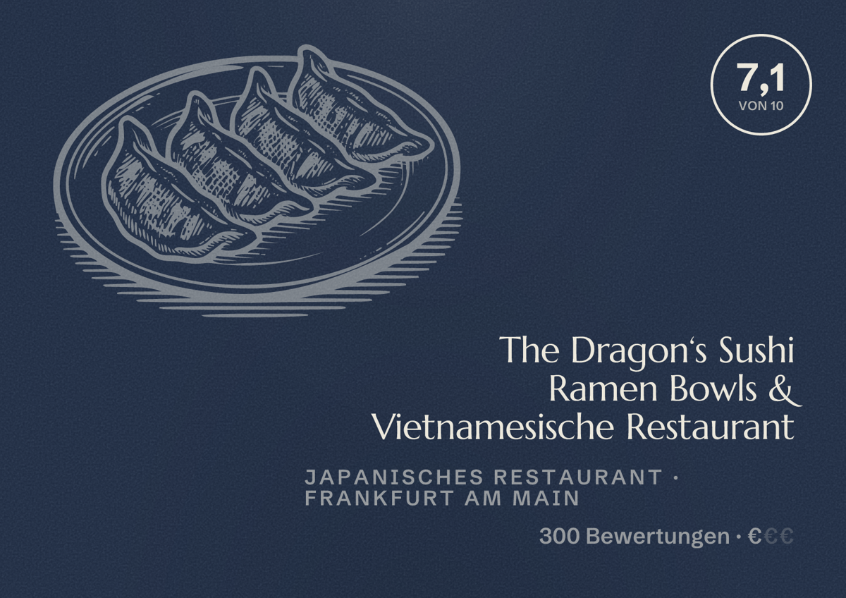 Illustriertes Poster von The Dragon‘s Sushi Ramen Bowls & Vietnamesische Restaurant, Japanisches Restaurant in Frankfurt am Main: Bewertung 7,1 von 10 aus 300 Bewertungen, Preisniveau €