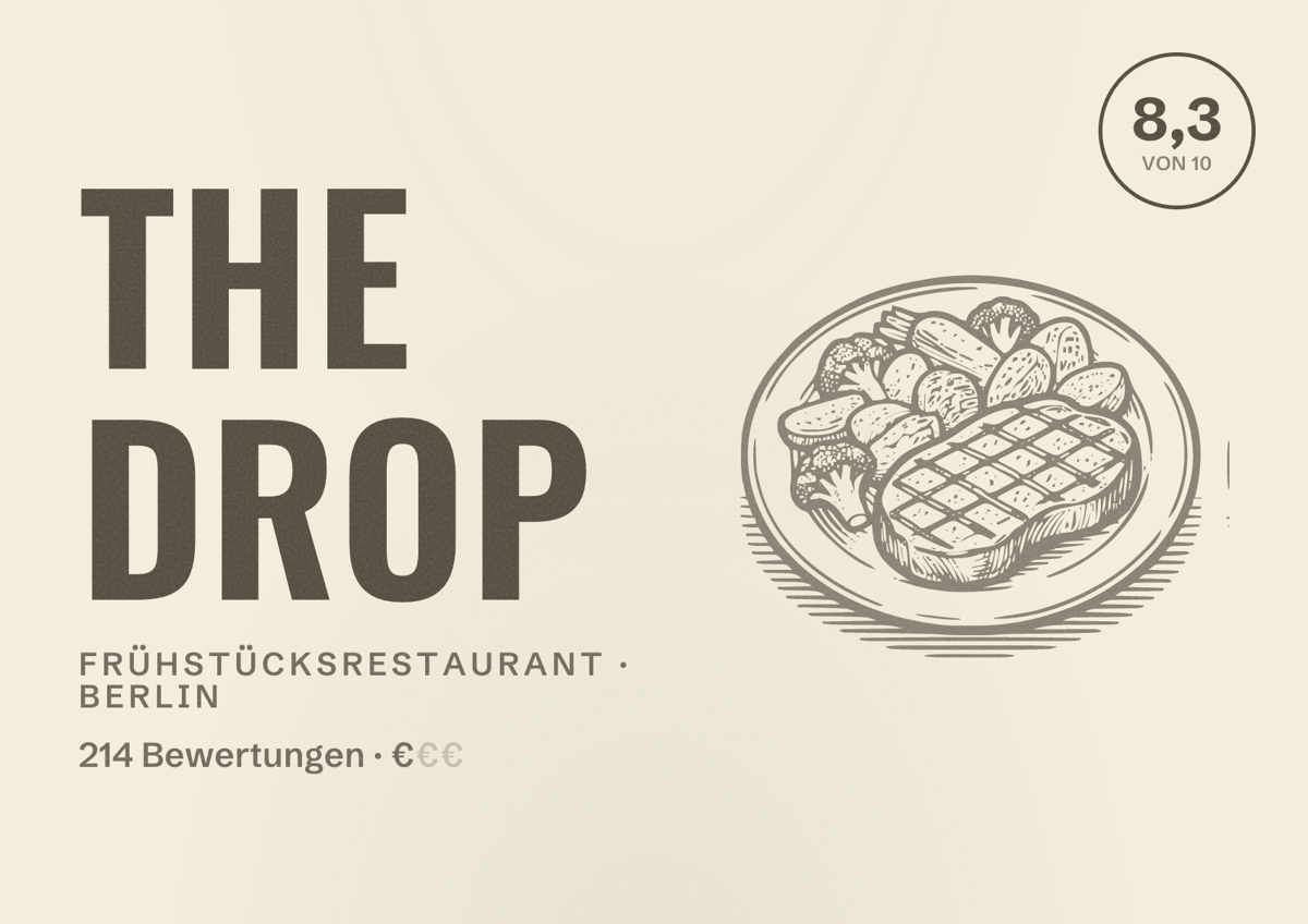 Illustriertes Poster von The Drop, Frühstücksrestaurant in Berlin: Bewertung 8,3 von 10 aus 214 Bewertungen, Preisniveau €