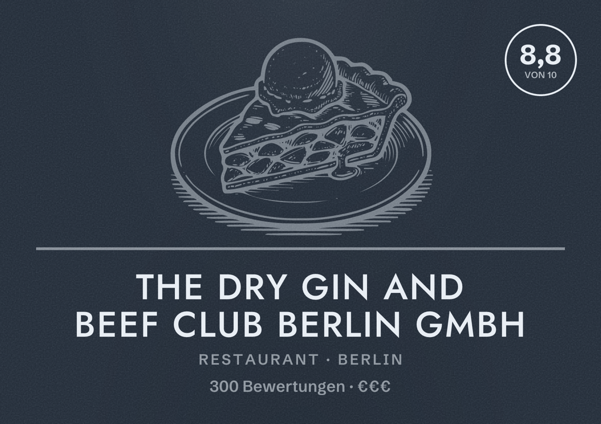Illustriertes Poster von The Dry Gin and Beef Club Berlin GmbH, Restaurant in Berlin: Bewertung 8,8 von 10 aus 300 Bewertungen, Preisniveau €€€