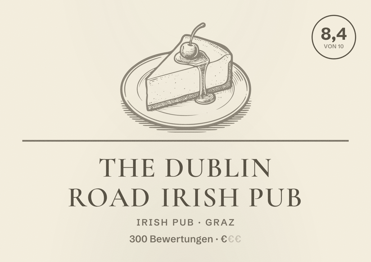 Illustriertes Poster von The Dublin Road Irish Pub, Irish Pub in Graz: Bewertung 8,4 von 10 aus 300 Bewertungen, Preisniveau €