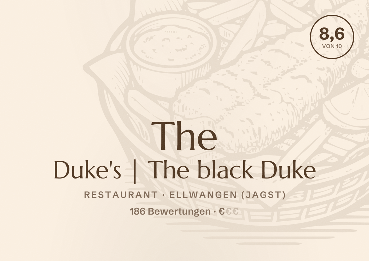 Illustriertes Poster von The Duke's | The black Duke, Restaurant in Ellwangen (Jagst): Bewertung 8,6 von 10 aus 186 Bewertungen, Preisniveau €