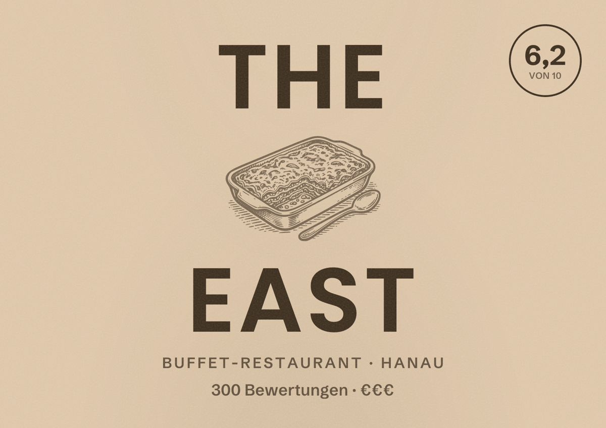 Illustriertes Poster von THE EAST, Buffet-Restaurant in Hanau: Bewertung 6,2 von 10 aus 300 Bewertungen, Preisniveau €€€