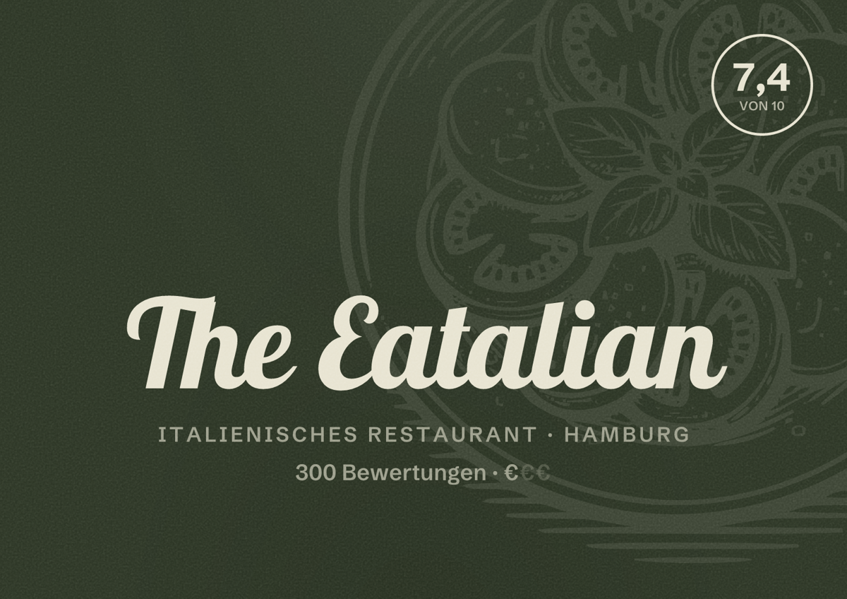 Illustriertes Poster von The Eatalian, Italienisches Restaurant in Hamburg: Bewertung 7,4 von 10 aus 300 Bewertungen, Preisniveau €