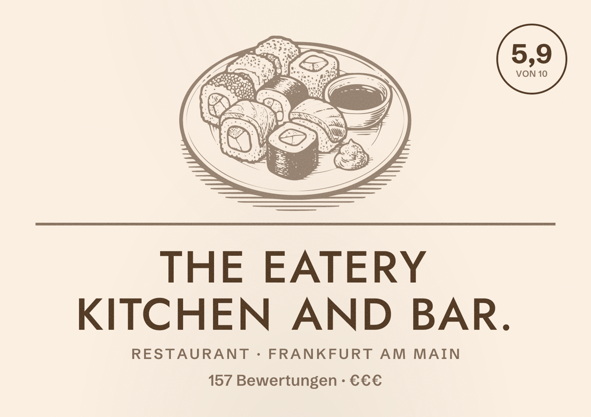 Illustriertes Poster von The Eatery kitchen and bar., Restaurant in Frankfurt am Main: Bewertung 5,9 von 10 aus 157 Bewertungen, Preisniveau €€€