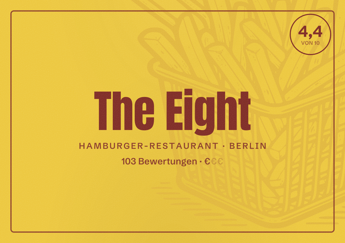 Illustriertes Poster von The Eight, Hamburger-Restaurant in Berlin: Bewertung 4,4 von 10 aus 103 Bewertungen, Preisniveau €
