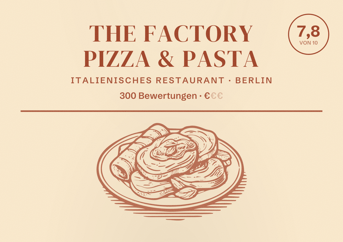 Illustriertes Poster von THE FACTORY PIZZA & PASTA, Italienisches Restaurant in Berlin: Bewertung 7,8 von 10 aus 300 Bewertungen, Preisniveau €