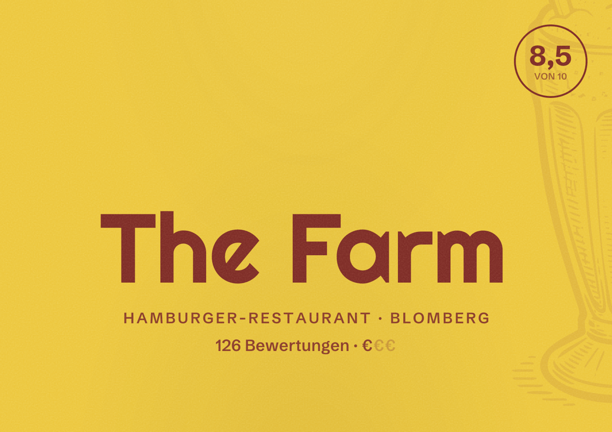 Illustriertes Poster von The Farm, Hamburger-Restaurant in Blomberg: Bewertung 8,5 von 10 aus 126 Bewertungen, Preisniveau €