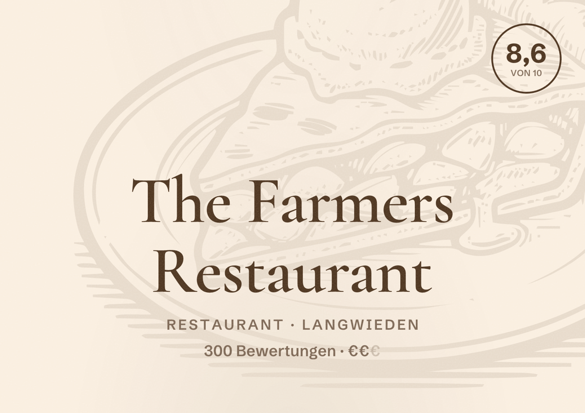 Illustriertes Poster von The Farmers Restaurant, Restaurant in Langwieden: Bewertung 8,6 von 10 aus 300 Bewertungen, Preisniveau €€