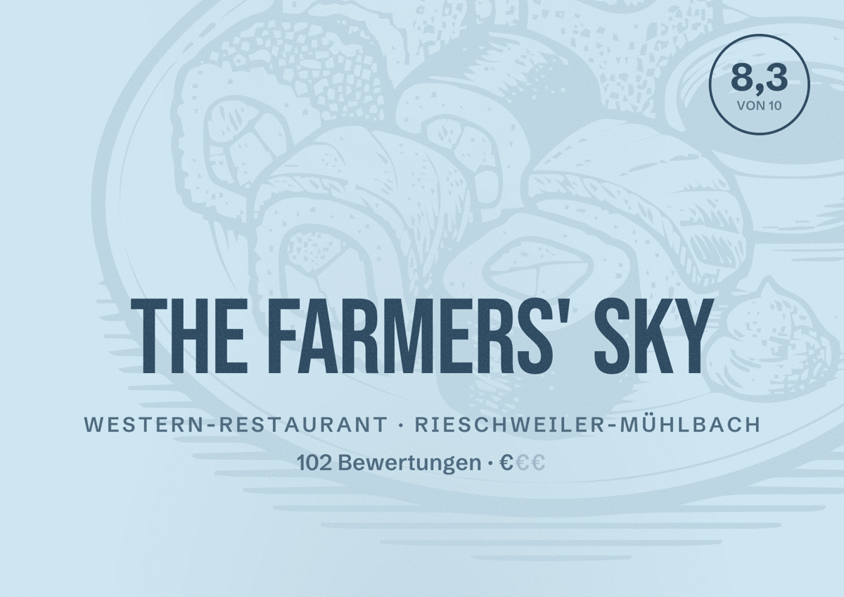 Illustriertes Poster von The Farmers' Sky, Western-Restaurant in Rieschweiler-Mühlbach: Bewertung 8,3 von 10 aus 102 Bewertungen, Preisniveau €