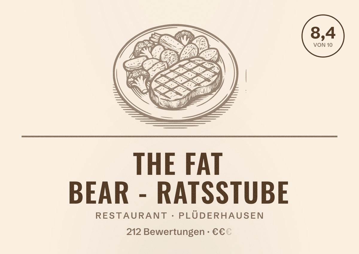 Illustriertes Poster von The Fat Bear - Ratsstube, Restaurant in Plüderhausen: Bewertung 8,4 von 10 aus 212 Bewertungen, Preisniveau €€
