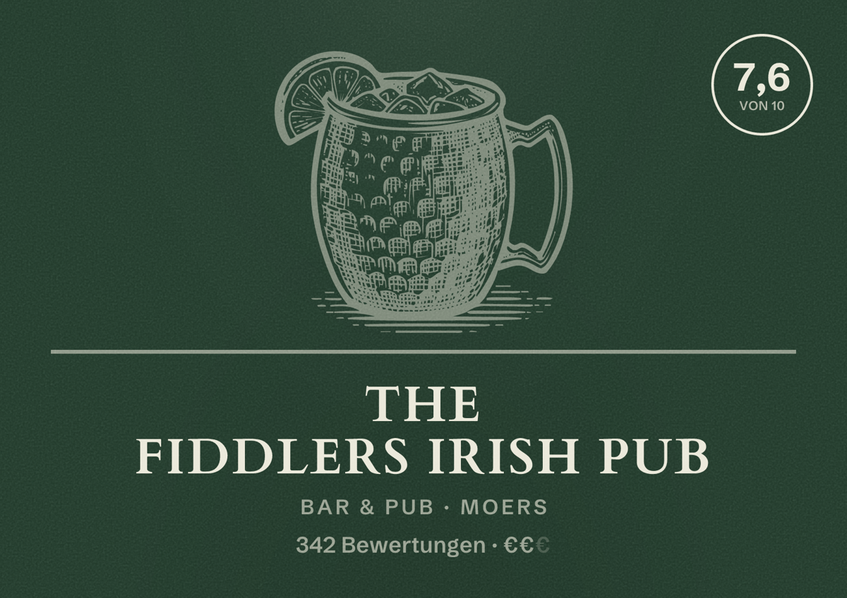 Illustriertes Poster von The Fiddlers Irish Pub, Bar & Pub in Moers: Gästebewertung 7,6 von 10 aus 342 Bewertungen