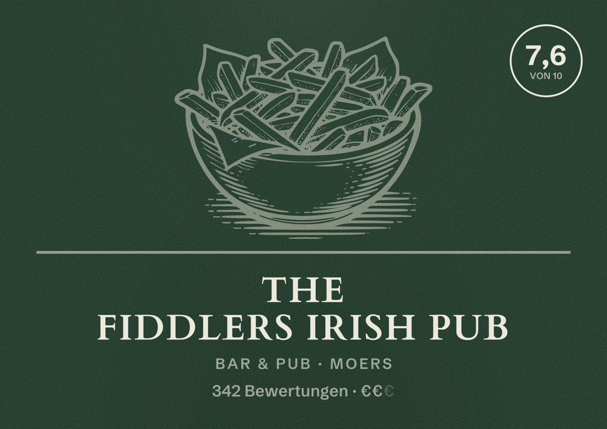 Illustriertes Poster von The Fiddlers Irish Pub, Bar & Pub in Moers: Bewertung 7,6 von 10 aus 342 Bewertungen, Preisniveau €€