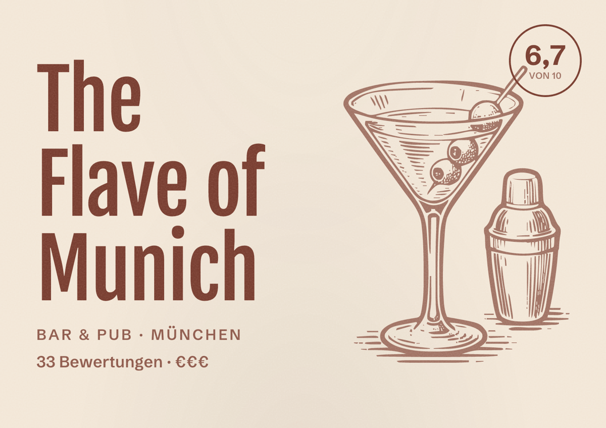 Illustriertes Poster von The Flave of Munich, Bar & Pub in München: Bewertung 6,7 von 10 aus 33 Bewertungen, Preisniveau €€€