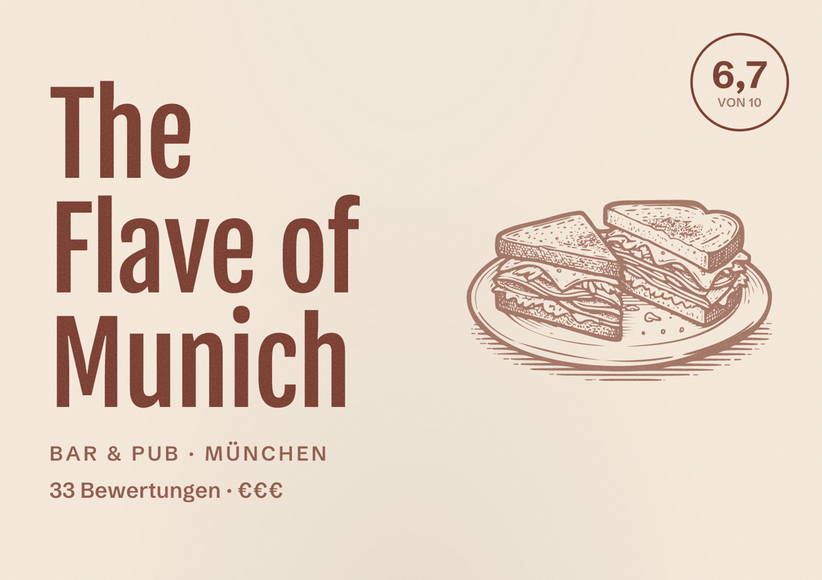 Illustriertes Poster von The Flave of Munich, Bar & Pub in München: Bewertung 6,7 von 10 aus 33 Bewertungen, Preisniveau €€€