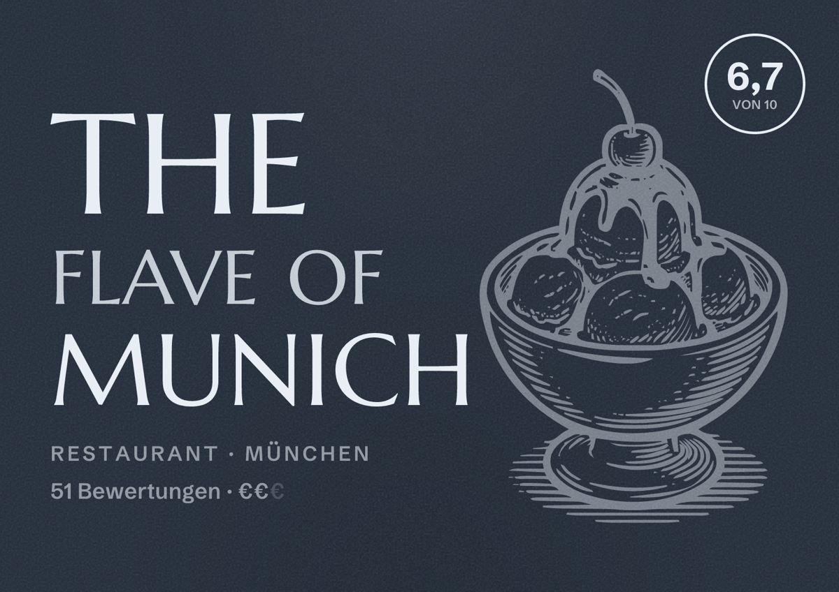 Illustriertes Poster von THE FLAVE OF MUNICH, Restaurant in München: Bewertung 6,7 von 10 aus 51 Bewertungen, Preisniveau €€