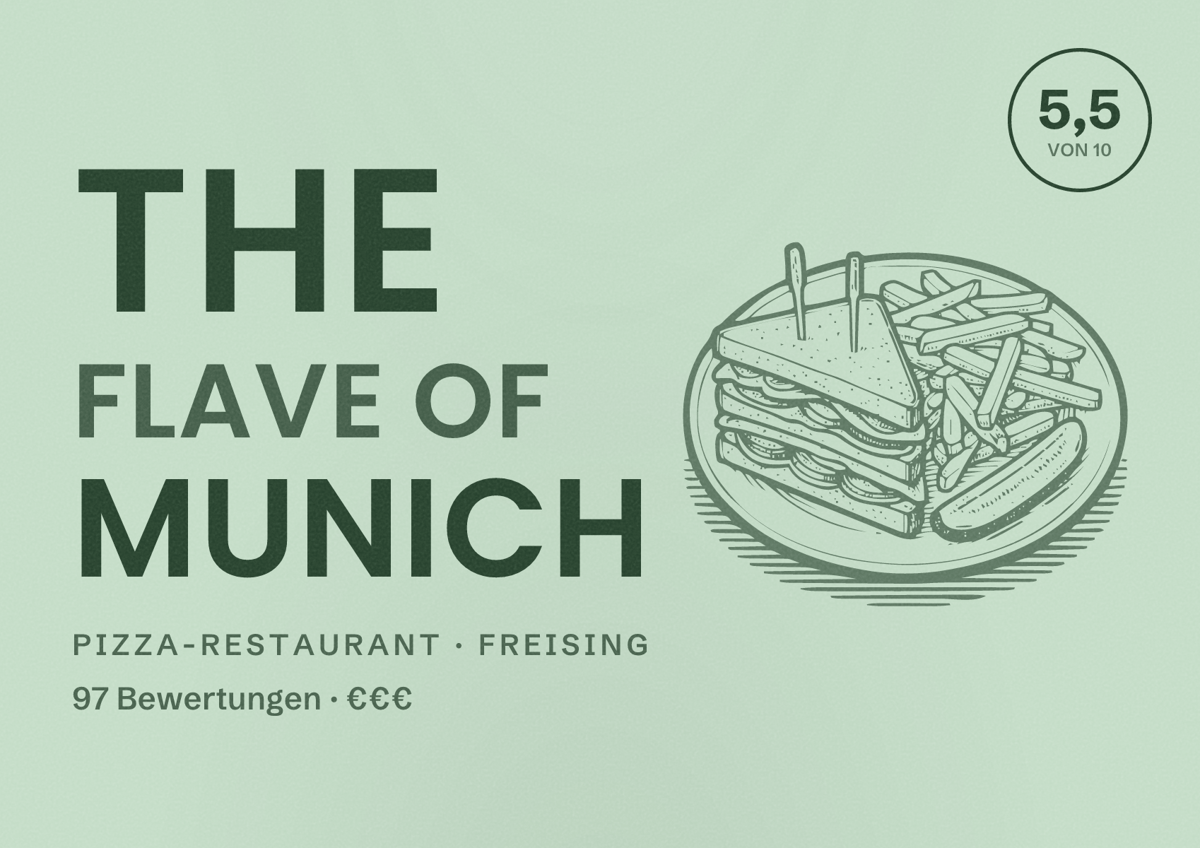 Illustriertes Poster von The Flave of Munich, Pizza-Restaurant in Freising: Bewertung 5,5 von 10 aus 97 Bewertungen, Preisniveau €€€