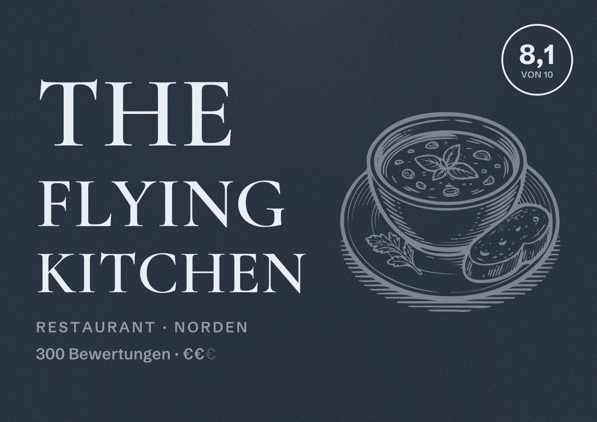 Illustriertes Poster von The Flying Kitchen, Restaurant in Norden: Bewertung 8,1 von 10 aus 300 Bewertungen, Preisniveau €€