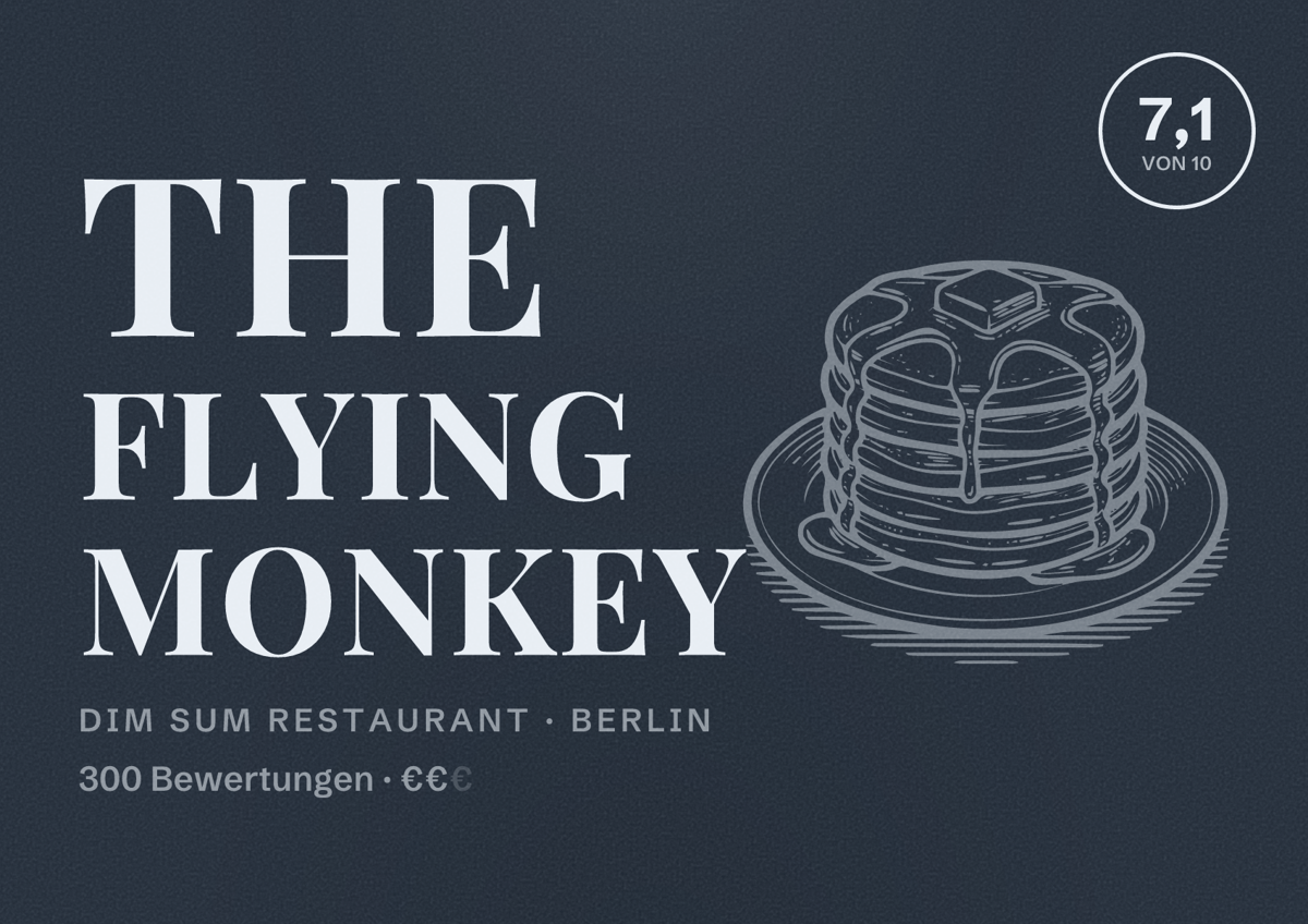Illustriertes Poster von The Flying Monkey, Dim Sum Restaurant in Berlin: Bewertung 7,1 von 10 aus 300 Bewertungen, Preisniveau €€