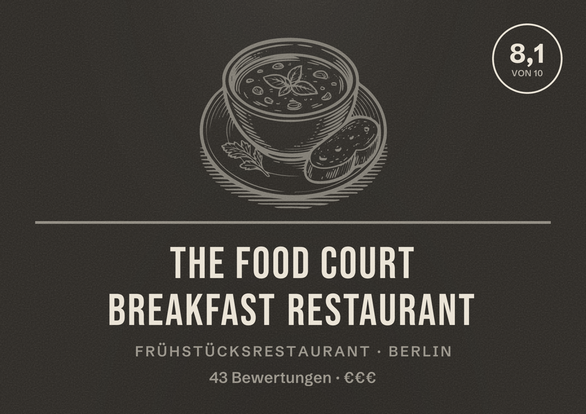 Illustriertes Poster von The Food Court Breakfast Restaurant, Frühstücksrestaurant in Berlin: Bewertung 8,1 von 10 aus 43 Bewertungen, Preisniveau €€€