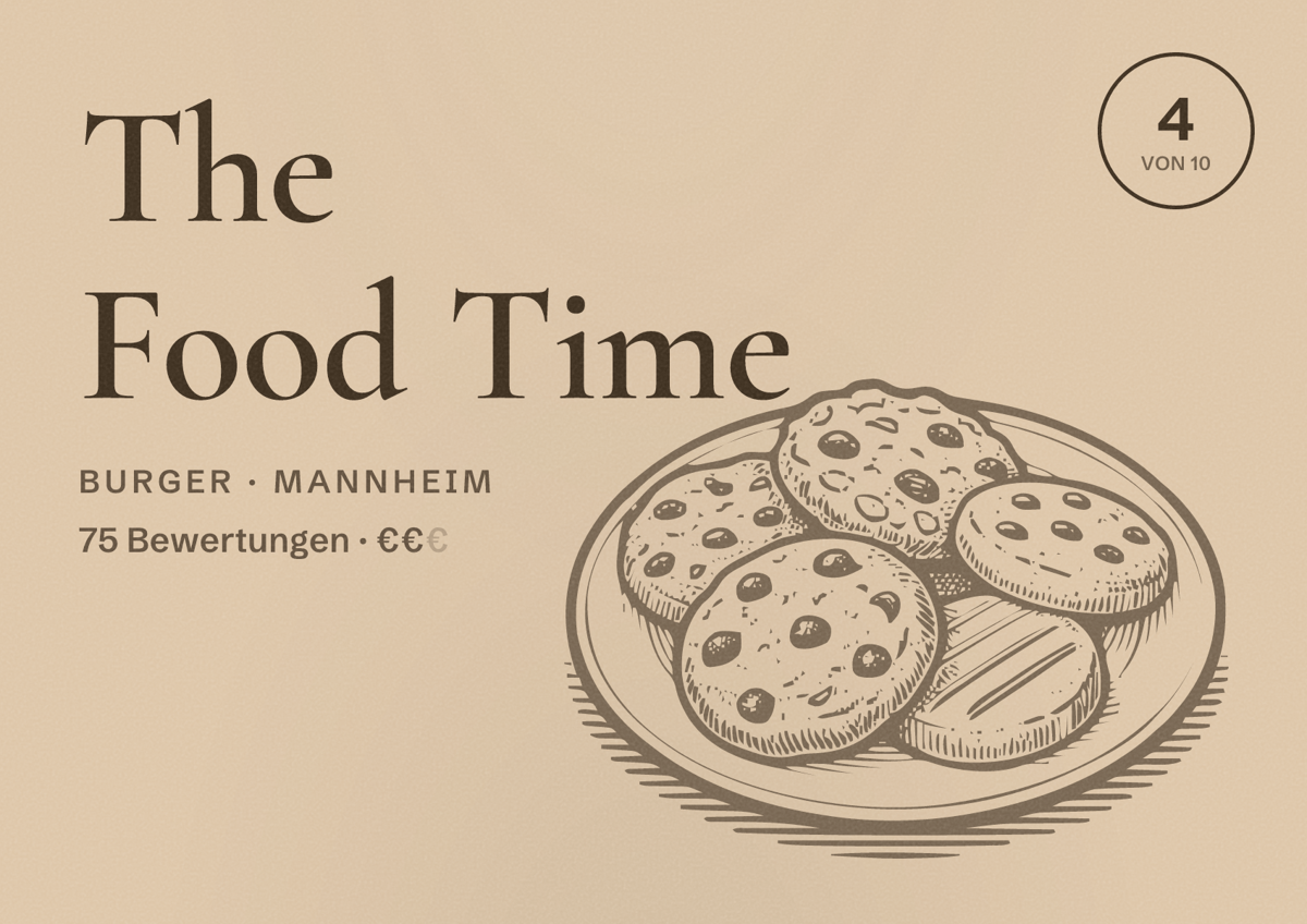 Illustriertes Poster von The Food Time, Burger in Mannheim: Bewertung 4 von 10 aus 75 Bewertungen, Preisniveau €€