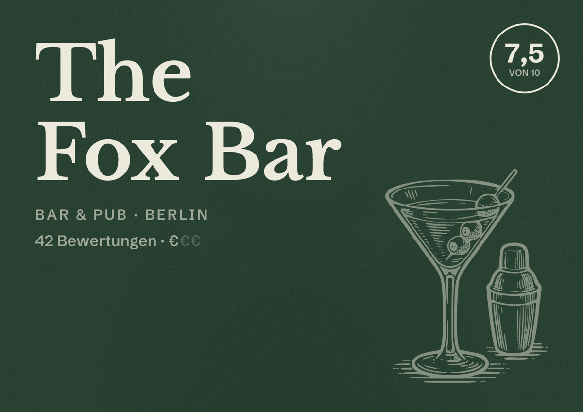 Illustriertes Poster von The Fox Bar, Bar & Pub in Berlin: Bewertung 7,5 von 10 aus 42 Bewertungen, Preisniveau €