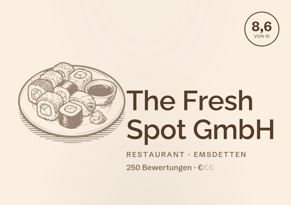 Illustriertes Poster von The Fresh Spot GmbH, Restaurant in Emsdetten: Bewertung 8,6 von 10 aus 250 Bewertungen, Preisniveau €