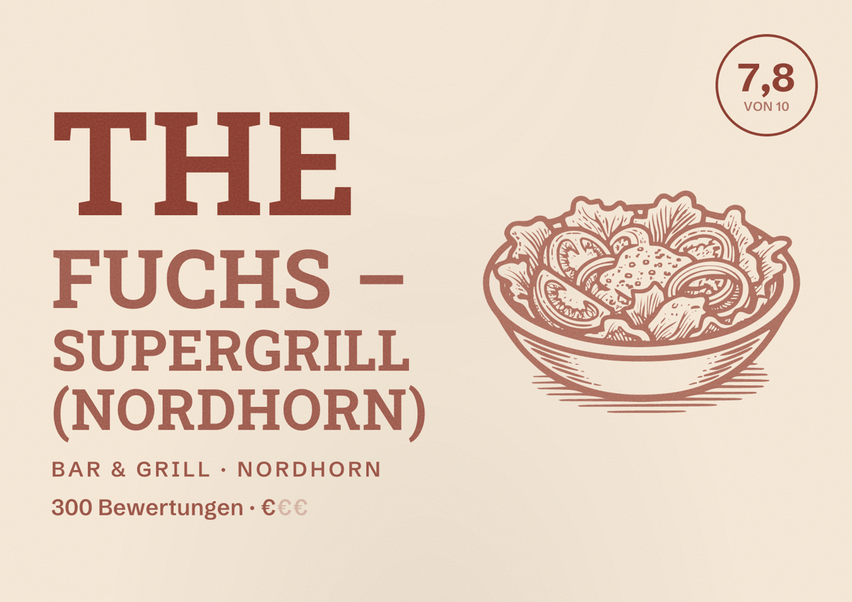 Illustriertes Poster von The Fuchs – Supergrill (Nordhorn), Bar & Grill in Nordhorn: Bewertung 7,8 von 10 aus 300 Bewertungen, Preisniveau €