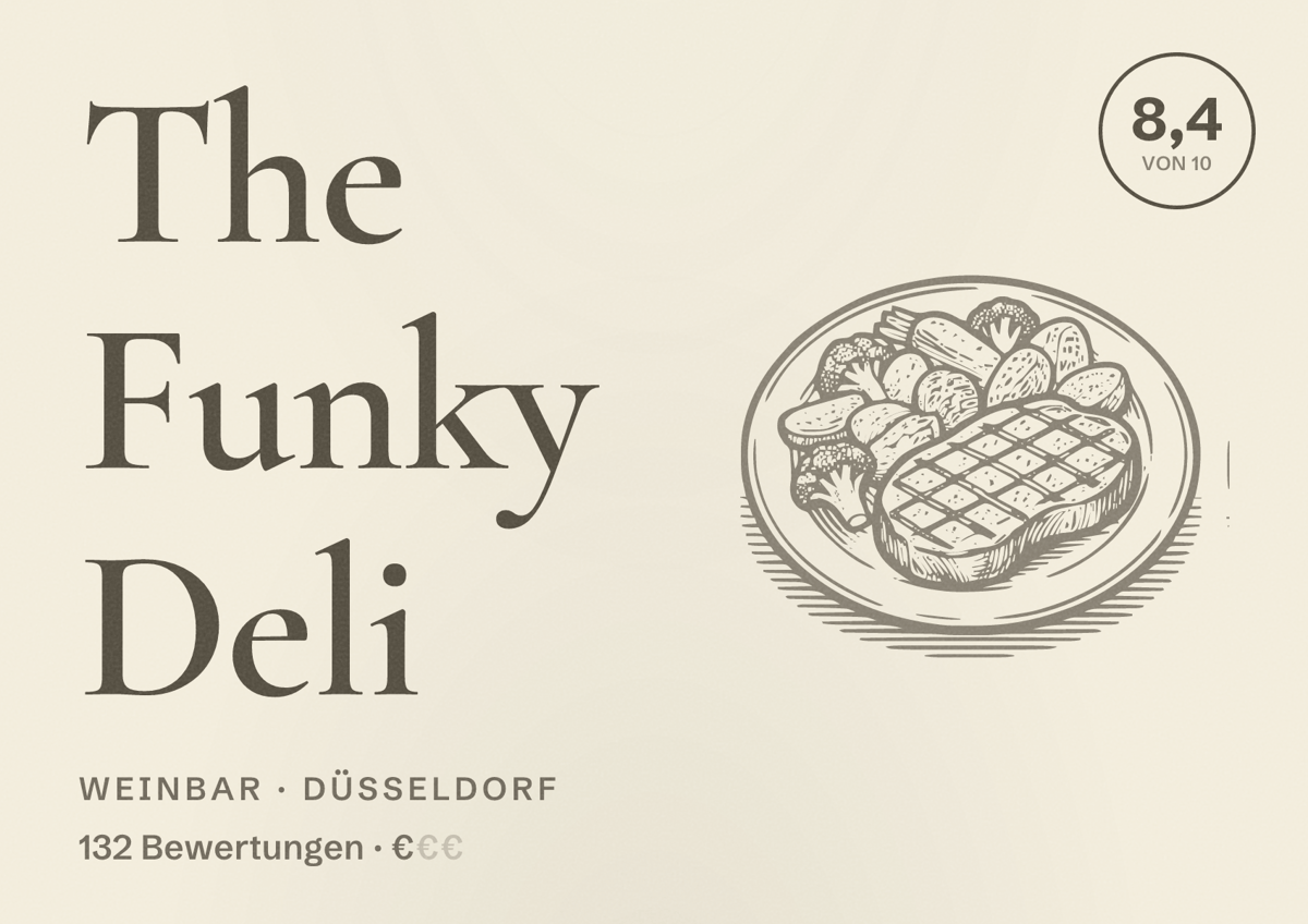 Illustriertes Poster von The Funky Deli, Weinbar in Düsseldorf: Bewertung 8,4 von 10 aus 132 Bewertungen, Preisniveau €
