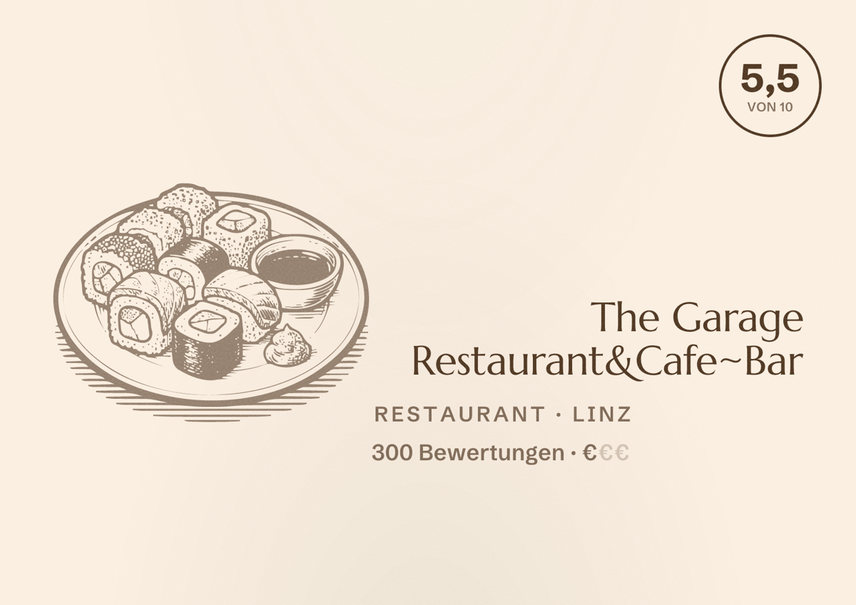 Illustriertes Poster von The Garage Restaurant&Cafe~Bar, Restaurant in Linz: Bewertung 5,5 von 10 aus 300 Bewertungen, Preisniveau €