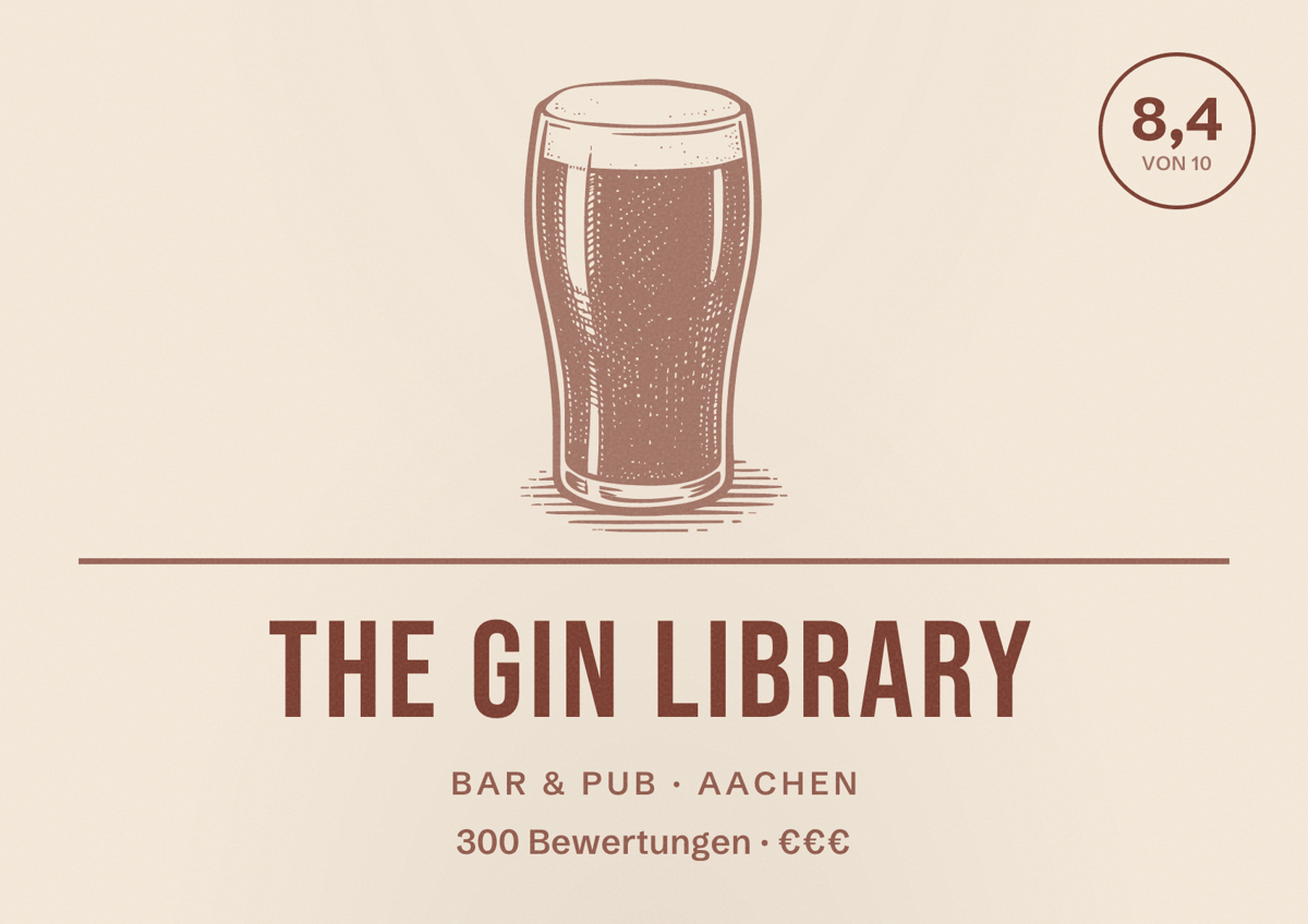 Illustriertes Poster von The Gin Library, Bar & Pub in Aachen: Bewertung 8,4 von 10 aus 300 Bewertungen, Preisniveau €€€