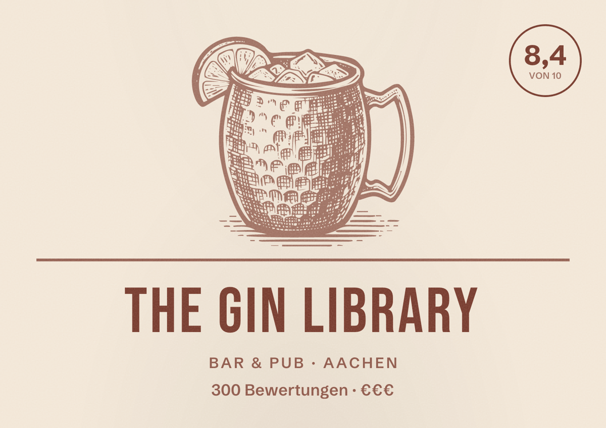 Illustriertes Poster von The Gin Library, Bar & Pub in Aachen: Bewertung 8,4 von 10 aus 300 Bewertungen, Preisniveau €€€