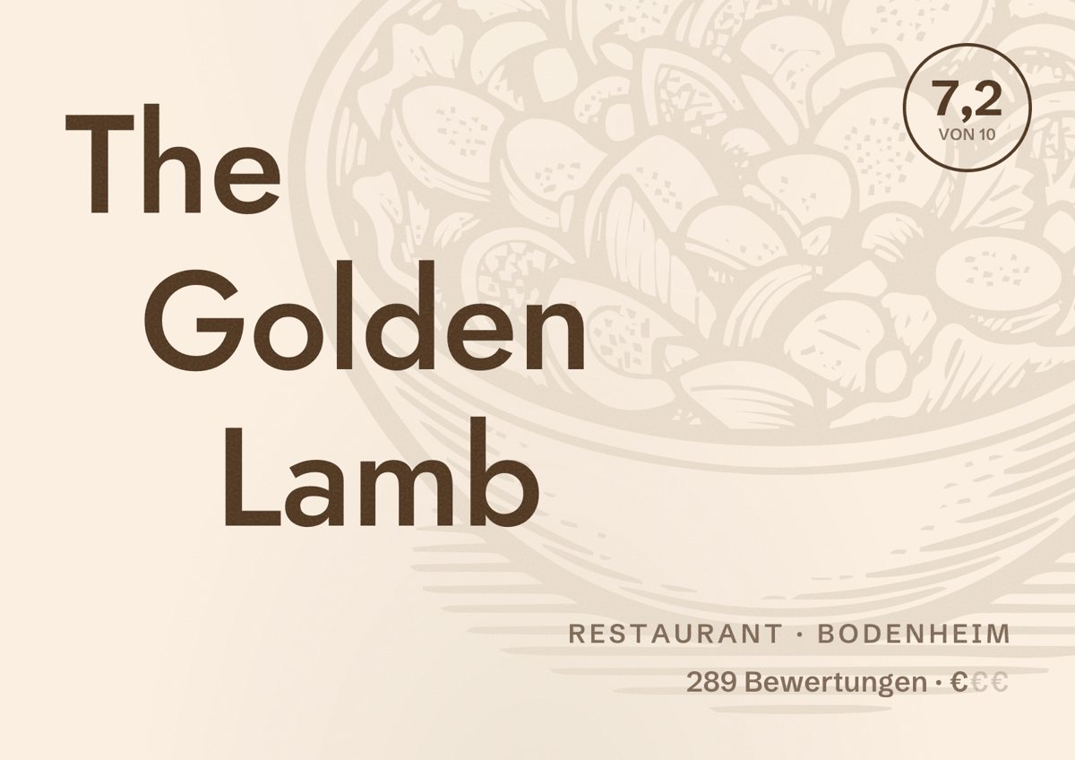 Illustriertes Poster von The Golden Lamb, Restaurant in Bodenheim: Bewertung 7,2 von 10 aus 289 Bewertungen, Preisniveau €