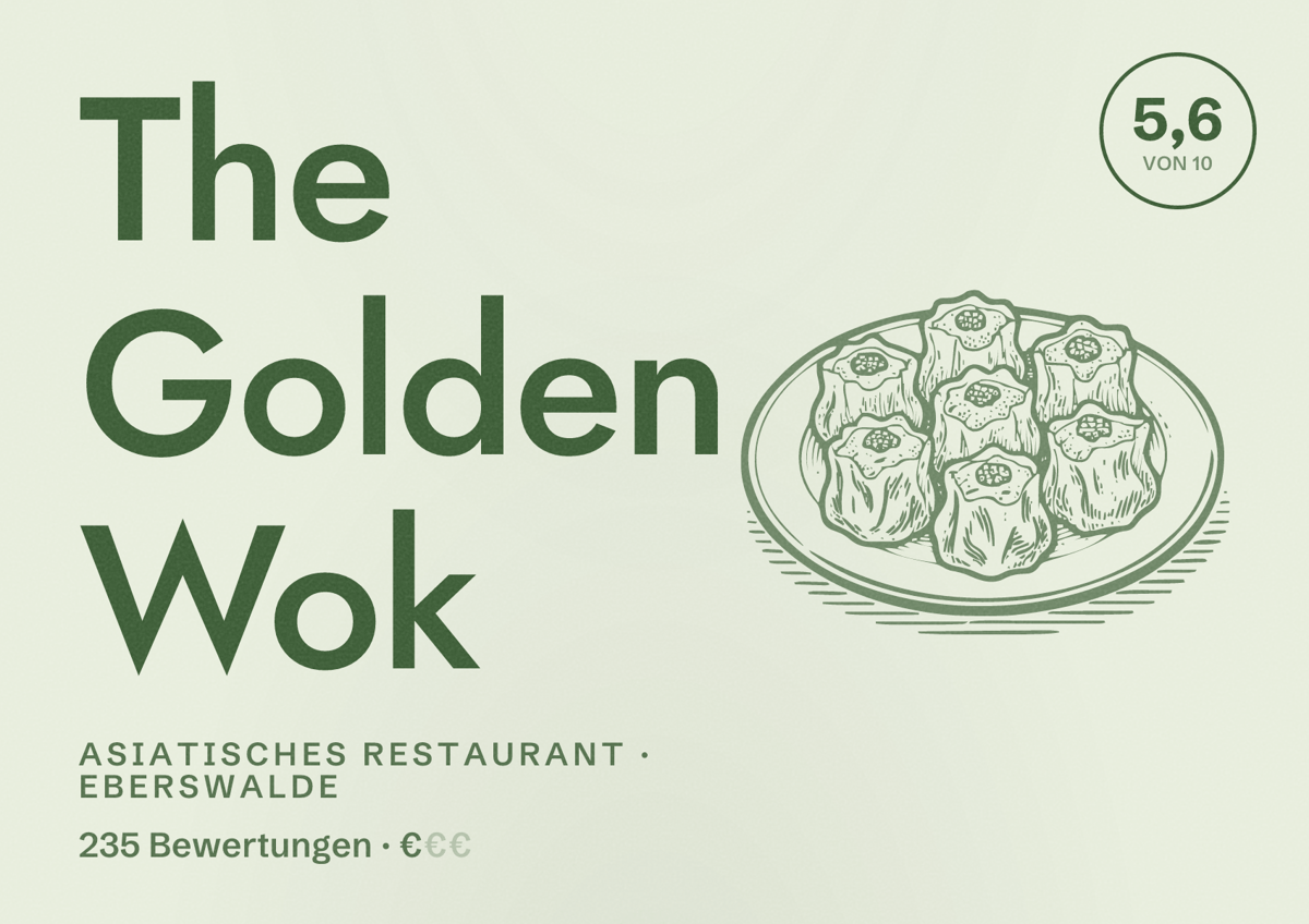 Illustriertes Poster von The Golden Wok, Asiatisches Restaurant in Eberswalde: Bewertung 5,6 von 10 aus 235 Bewertungen, Preisniveau €