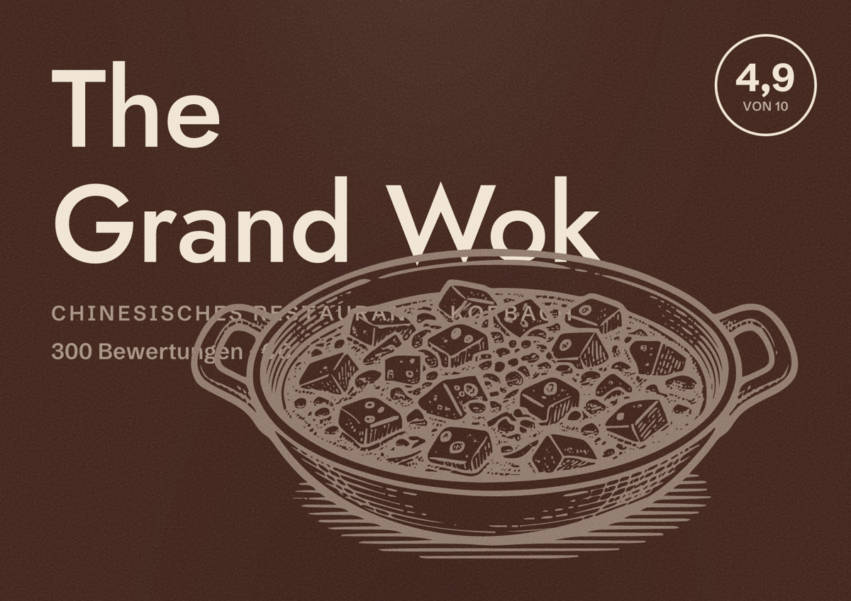 Illustriertes Poster von The Grand Wok, Chinesisches Restaurant in Korbach: Bewertung 4,9 von 10 aus 300 Bewertungen, Preisniveau €€