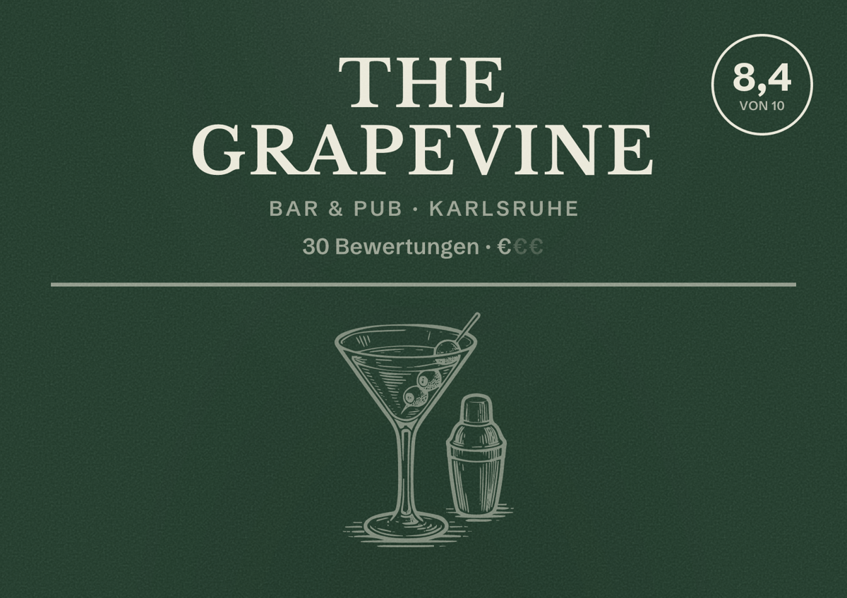 Illustriertes Poster von The Grapevine, Bar & Pub in Karlsruhe: Bewertung 8,4 von 10 aus 30 Bewertungen, Preisniveau €