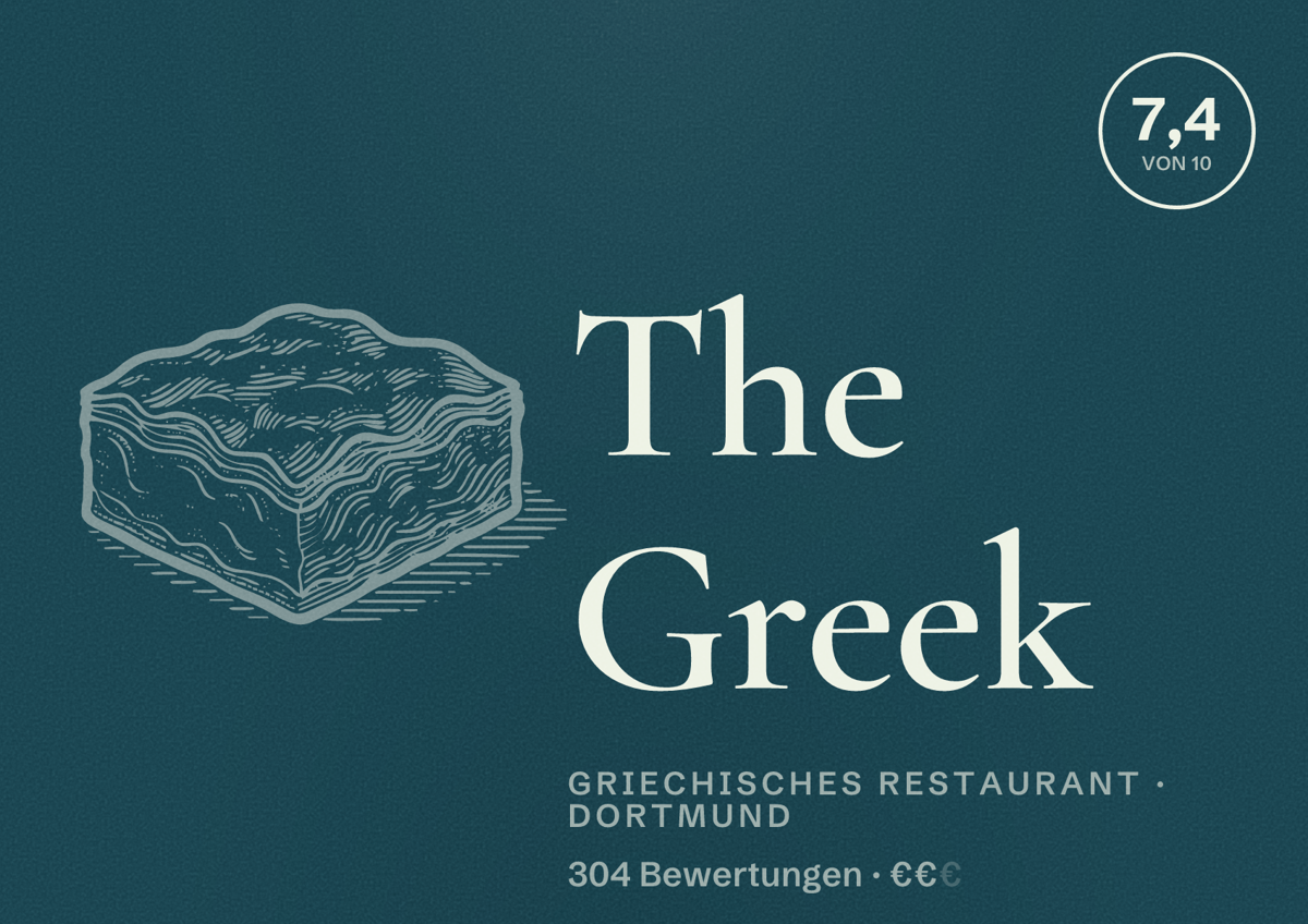 Illustriertes Poster von The Greek, Griechisches Restaurant in Dortmund: Bewertung 7,4 von 10 aus 304 Bewertungen, Preisniveau €€