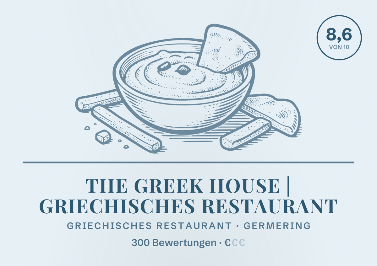Illustriertes Poster von THE GREEK HOUSE | Griechisches Restaurant, Griechisches Restaurant in Germering: Bewertung 8,6 von 10 aus 300 Bewertungen, Preisniveau €