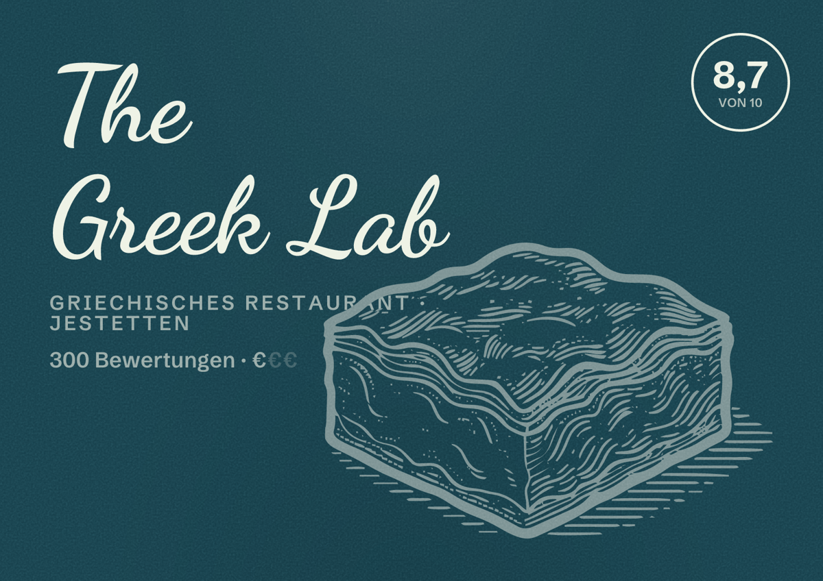Illustriertes Poster von The Greek Lab, Griechisches Restaurant in Jestetten: Bewertung 8,7 von 10 aus 300 Bewertungen, Preisniveau €
