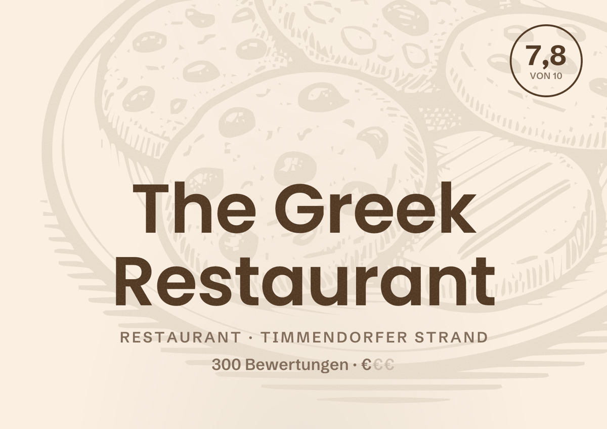 Illustriertes Poster von The Greek Restaurant, Restaurant in Timmendorfer Strand: Bewertung 7,8 von 10 aus 300 Bewertungen, Preisniveau €