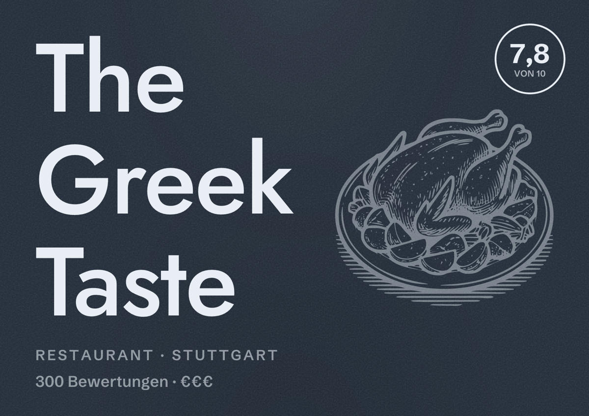 Illustriertes Poster von The Greek Taste, Restaurant in Stuttgart: Bewertung 7,8 von 10 aus 300 Bewertungen, Preisniveau €€€