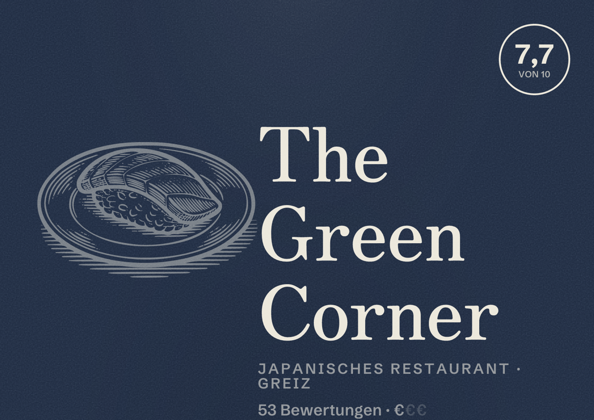 Illustriertes Poster von The Green Corner, Japanisches Restaurant in Greiz: Bewertung 7,7 von 10 aus 53 Bewertungen, Preisniveau €