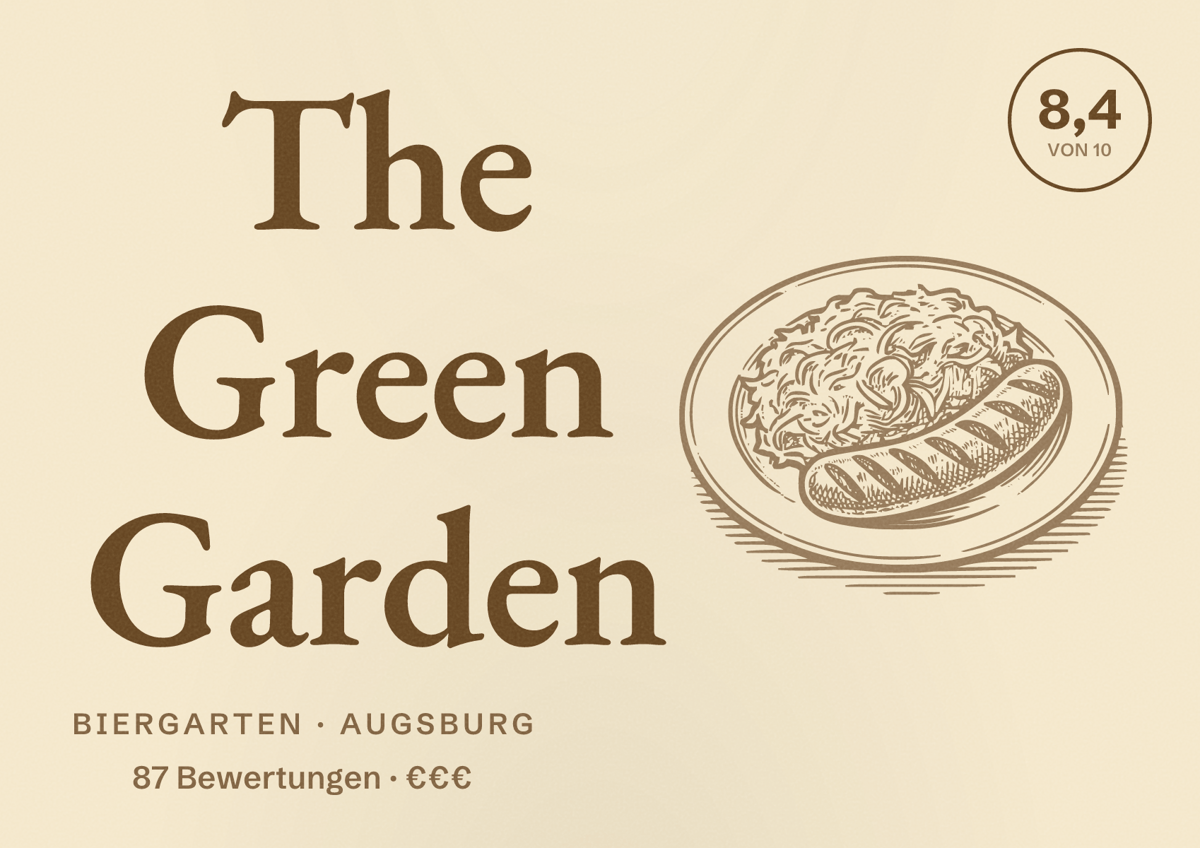 Illustriertes Poster von The Green Garden, Biergarten in Augsburg: Bewertung 8,4 von 10 aus 87 Bewertungen, Preisniveau €€€