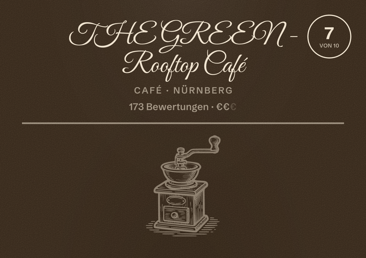 Illustriertes Poster von THE GREEN - Rooftop Café, Café in Nürnberg: Bewertung 7 von 10 aus 173 Bewertungen, Preisniveau €€